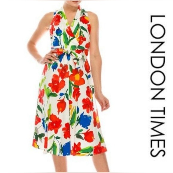 London Times Dresses & Skirts - London Times White Halter Dress with Red, Blue and Green Floral Print